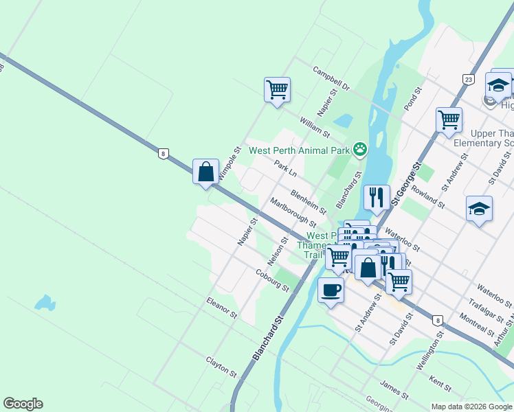 map of restaurants, bars, coffee shops, grocery stores, and more near 155 Blenheim Court in Mitchell
