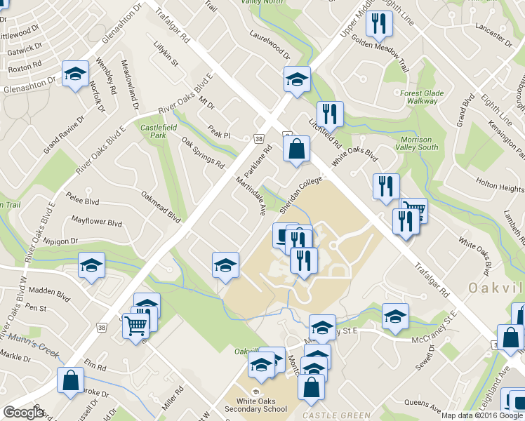 map of restaurants, bars, coffee shops, grocery stores, and more near 227 Martindale Avenue in Oakville