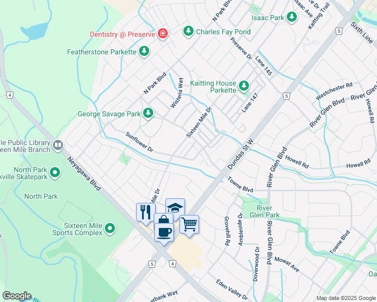 map of restaurants, bars, coffee shops, grocery stores, and more near Switchgrass Street in Oakville