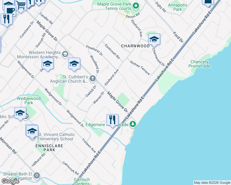 map of restaurants, bars, coffee shops, grocery stores, and more near 2012 Ardleigh Road in Oakville
