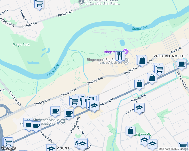 map of restaurants, bars, coffee shops, grocery stores, and more near 355 Shirley Avenue in Kitchener