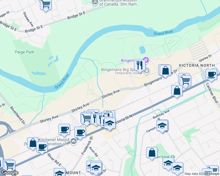 map of restaurants, bars, coffee shops, grocery stores, and more near 355 Shirley Avenue in Kitchener