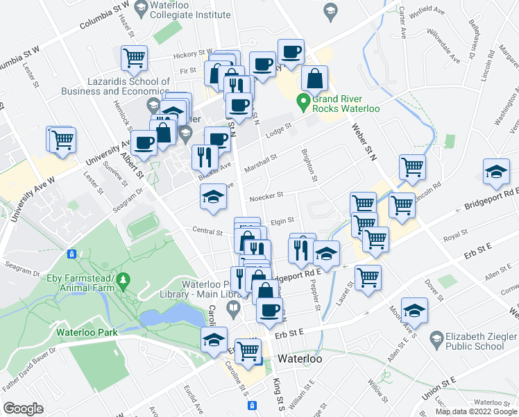 map of restaurants, bars, coffee shops, grocery stores, and more near 107 Regina Street North in Waterloo