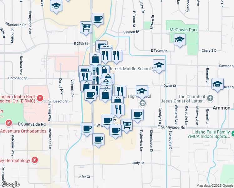 map of restaurants, bars, coffee shops, grocery stores, and more near 2731 Derrald Avenue in Ammon