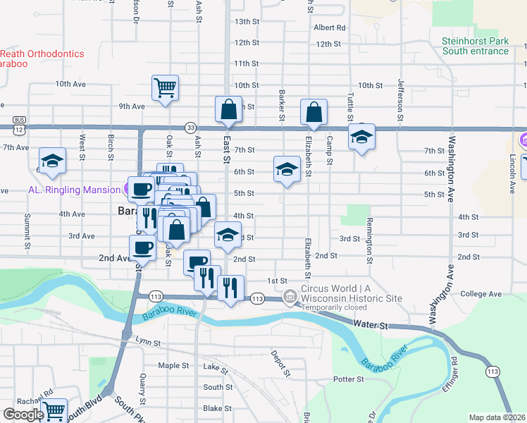 map of restaurants, bars, coffee shops, grocery stores, and more near 424 5th Street in Baraboo