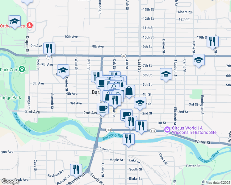 map of restaurants, bars, coffee shops, grocery stores, and more near 101 4th Street in Baraboo