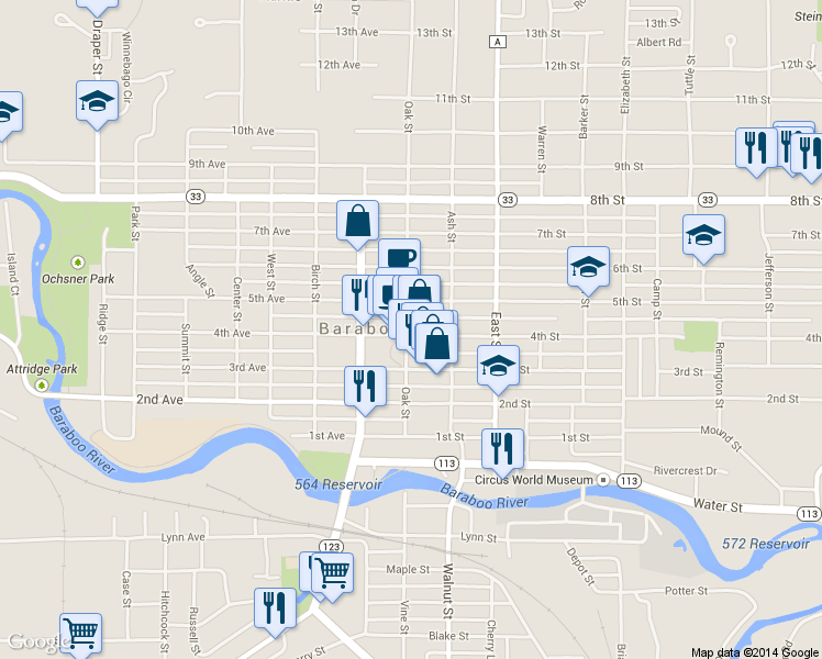 map of restaurants, bars, coffee shops, grocery stores, and more near 101 4th Street in Baraboo