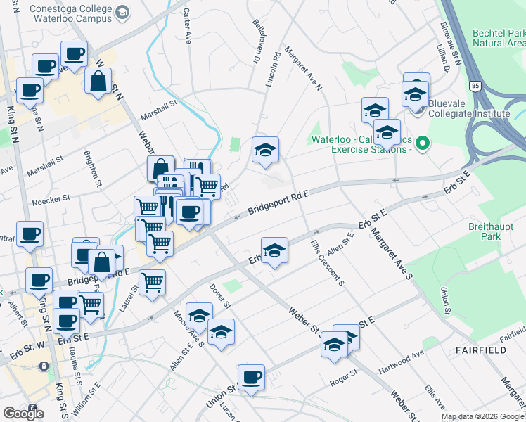 map of restaurants, bars, coffee shops, grocery stores, and more near 145 Bridgeport Road East in Waterloo