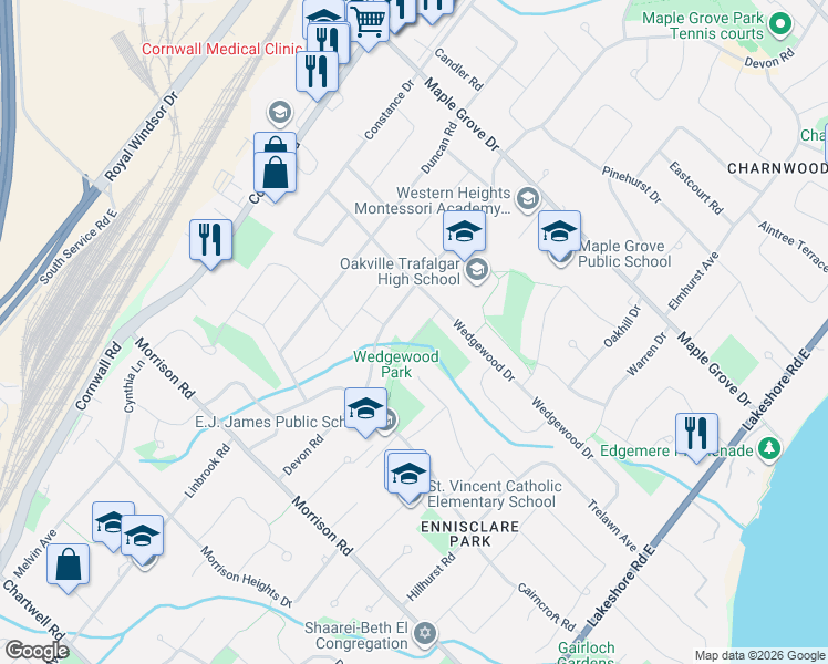 map of restaurants, bars, coffee shops, grocery stores, and more near 1389 Weaver Avenue in Oakville