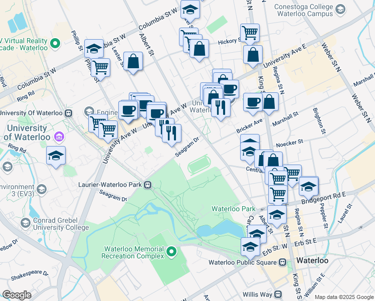 map of restaurants, bars, coffee shops, grocery stores, and more near 85 Seagram Drive in Waterloo