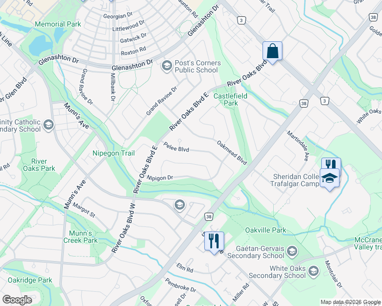map of restaurants, bars, coffee shops, grocery stores, and more near 2100 Pelee Boulevard in Oakville