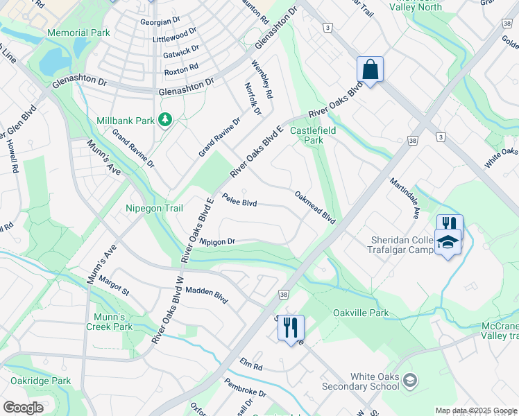map of restaurants, bars, coffee shops, grocery stores, and more near 2100 Pelee Boulevard in Oakville