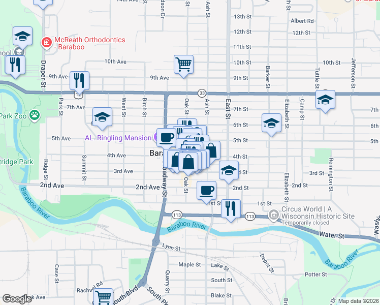 map of restaurants, bars, coffee shops, grocery stores, and more near 616 Oak Street in Baraboo