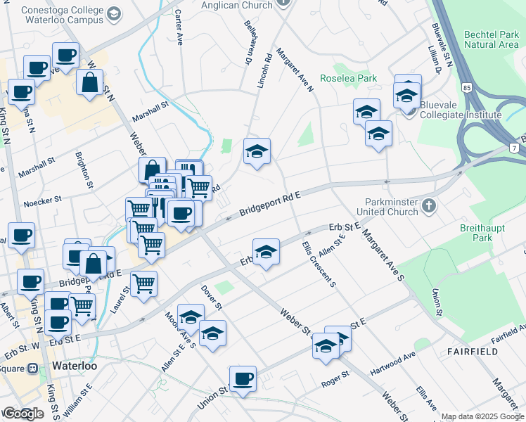 map of restaurants, bars, coffee shops, grocery stores, and more near 151 Bridgeport Road East in Waterloo
