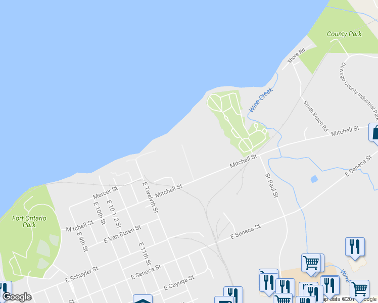 map of restaurants, bars, coffee shops, grocery stores, and more near 101 Mitchell Street in Oswego