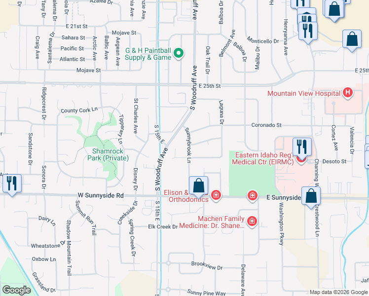 map of restaurants, bars, coffee shops, grocery stores, and more near 1573 Delmar Circle in Idaho Falls