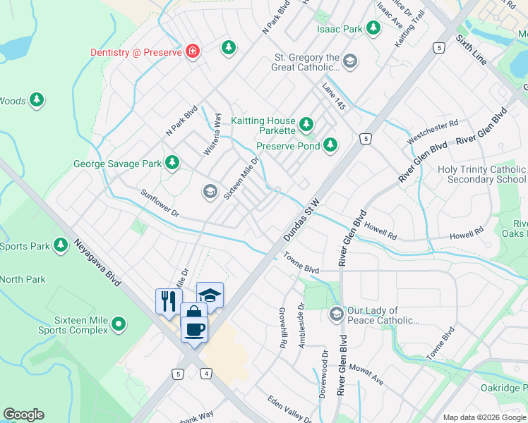 map of restaurants, bars, coffee shops, grocery stores, and more near 3045 George Savage Avenue in Oakville