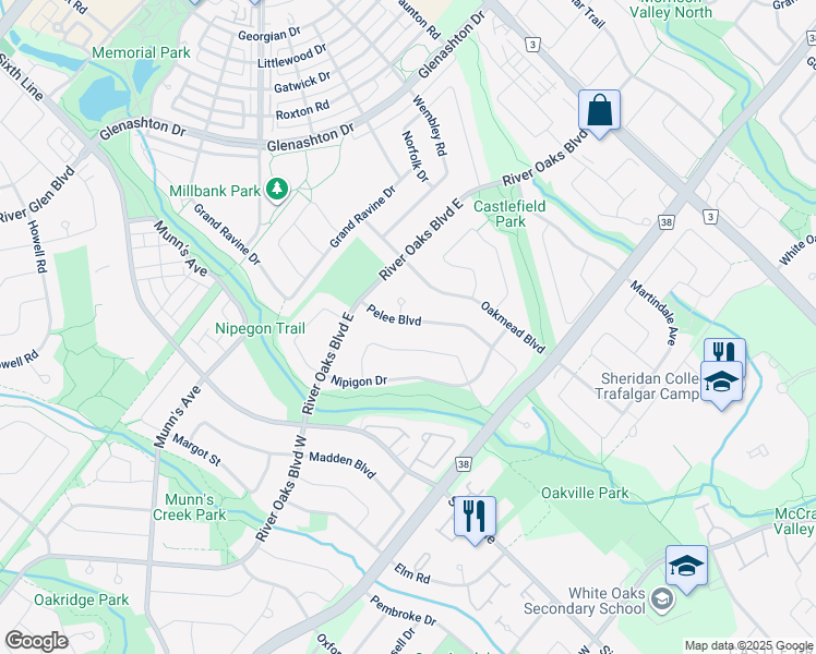 map of restaurants, bars, coffee shops, grocery stores, and more near 2118 Pelee Boulevard in Oakville