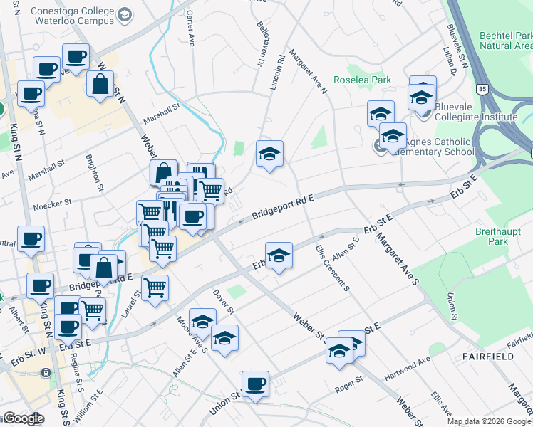 map of restaurants, bars, coffee shops, grocery stores, and more near 146 Bridgeport Road East in Waterloo