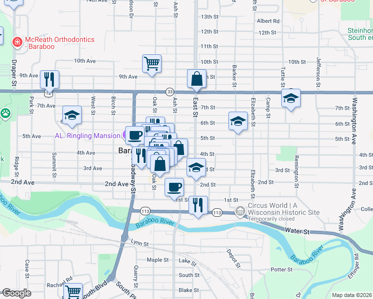 map of restaurants, bars, coffee shops, grocery stores, and more near 617 East Street in Baraboo