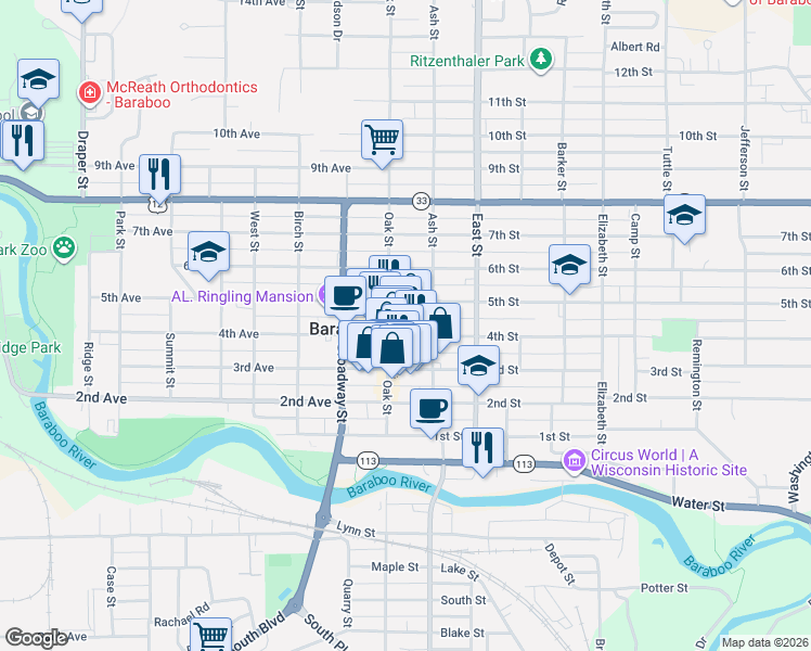 map of restaurants, bars, coffee shops, grocery stores, and more near 616 Oak Street in Baraboo