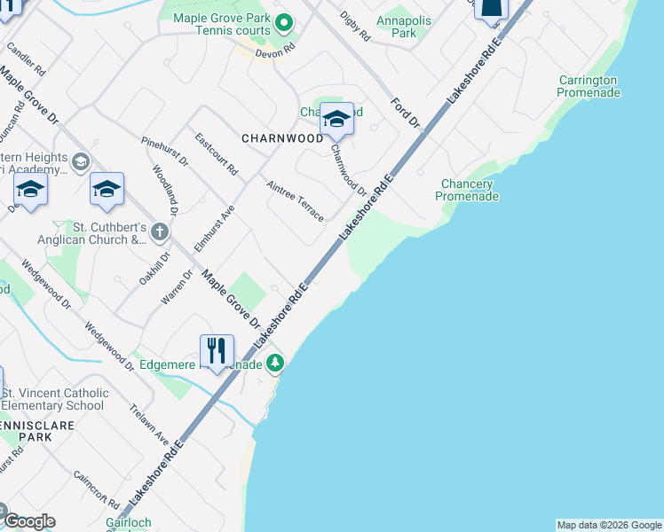 map of restaurants, bars, coffee shops, grocery stores, and more near 2096 Lakeshore Road East in Oakville