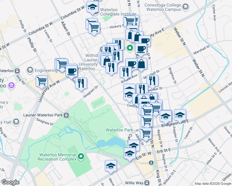 map of restaurants, bars, coffee shops, grocery stores, and more near 60 Ezra Avenue in Waterloo
