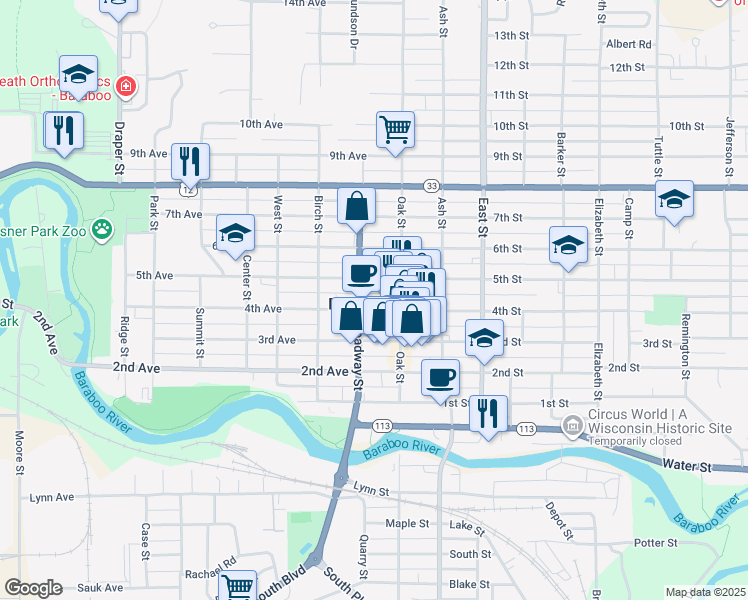 map of restaurants, bars, coffee shops, grocery stores, and more near 136 4th Avenue in Baraboo