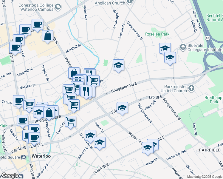 map of restaurants, bars, coffee shops, grocery stores, and more near in Waterloo