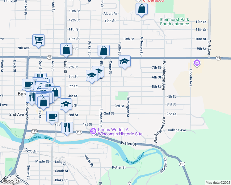 map of restaurants, bars, coffee shops, grocery stores, and more near 720 5th Street in Baraboo