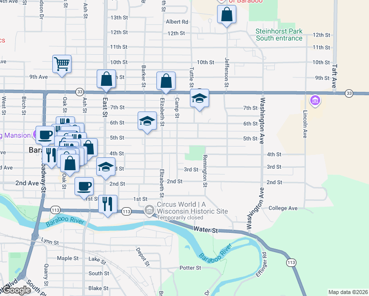 map of restaurants, bars, coffee shops, grocery stores, and more near 720 5th Street in Baraboo