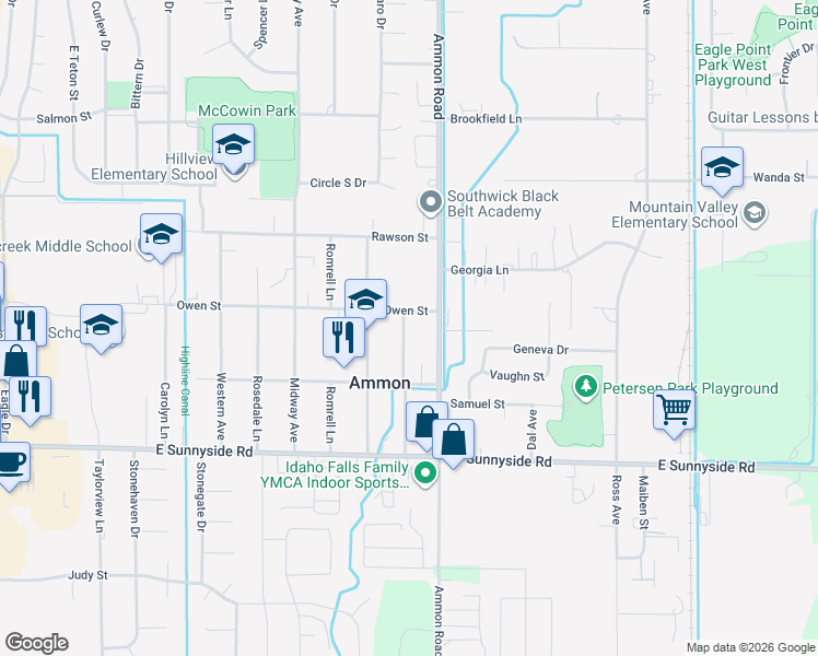 map of restaurants, bars, coffee shops, grocery stores, and more near 3440 Owen Street in Ammon