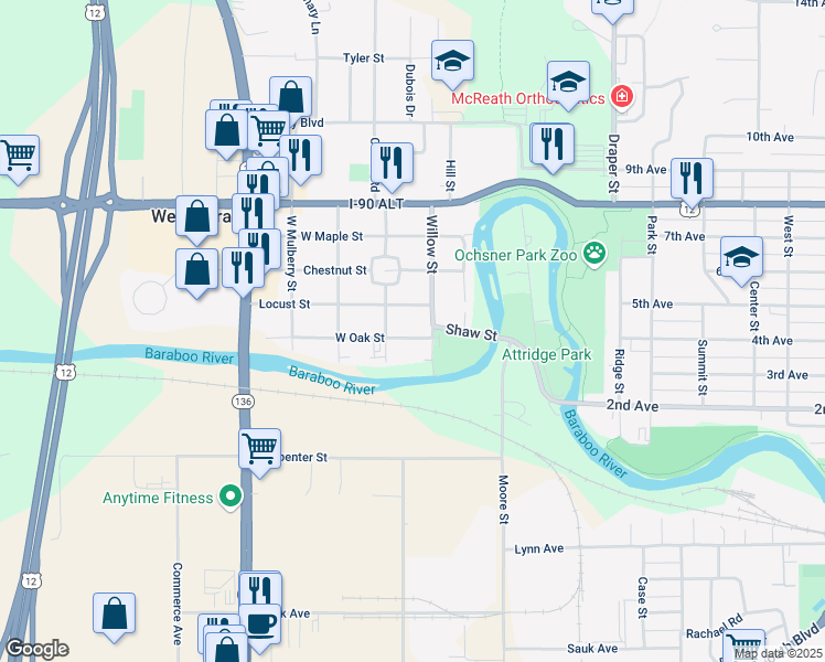 map of restaurants, bars, coffee shops, grocery stores, and more near 208 Cedar Street in Baraboo