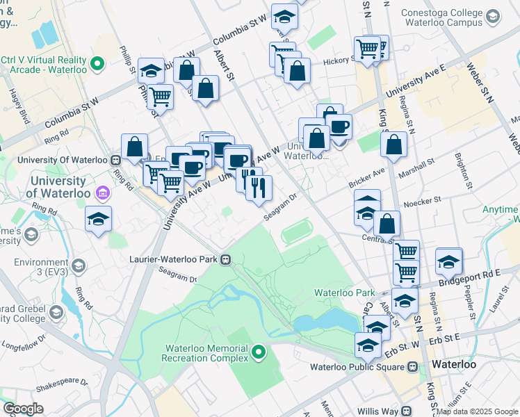 map of restaurants, bars, coffee shops, grocery stores, and more near 181 Lester Street in Waterloo