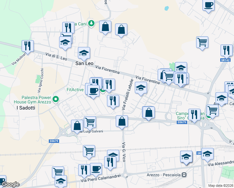 map of restaurants, bars, coffee shops, grocery stores, and more near Via Fratelli Lumiere in Arezzo