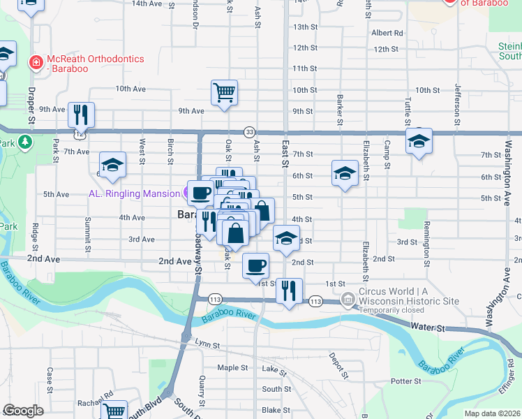 map of restaurants, bars, coffee shops, grocery stores, and more near 614 Ash Street in Baraboo