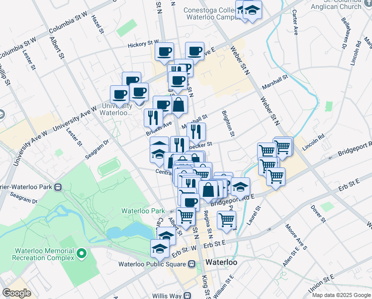 map of restaurants, bars, coffee shops, grocery stores, and more near 9 Noecker Street in Waterloo