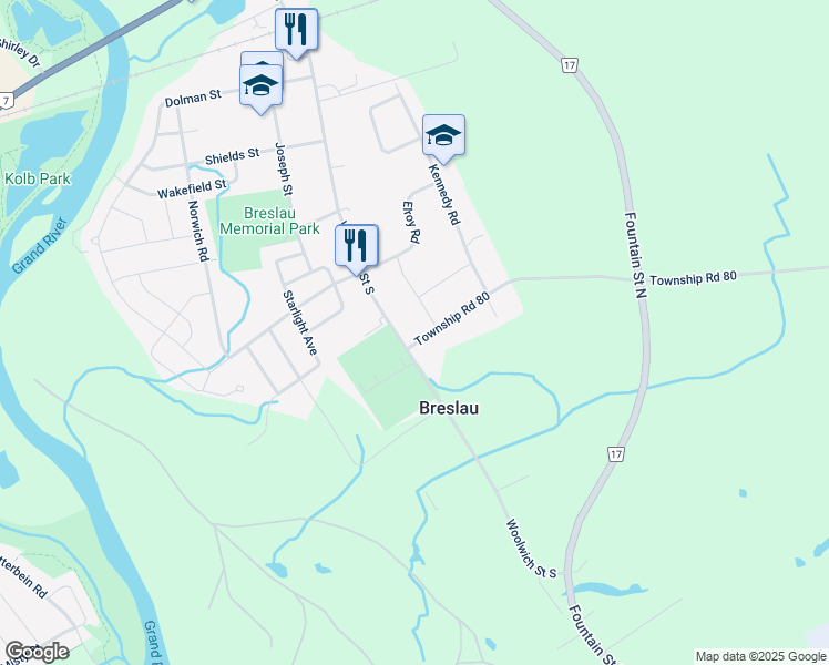 map of restaurants, bars, coffee shops, grocery stores, and more near 8 Menno Street in Breslau