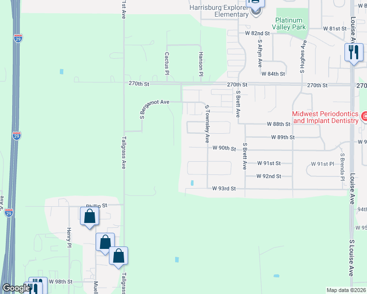 map of restaurants, bars, coffee shops, grocery stores, and more near 4425 West Townsley Place in Sioux Falls