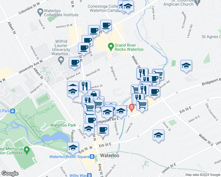map of restaurants, bars, coffee shops, grocery stores, and more near 110 Peppler Street in Waterloo