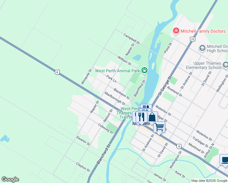 map of restaurants, bars, coffee shops, grocery stores, and more near 148 Nelson Street in Mitchell