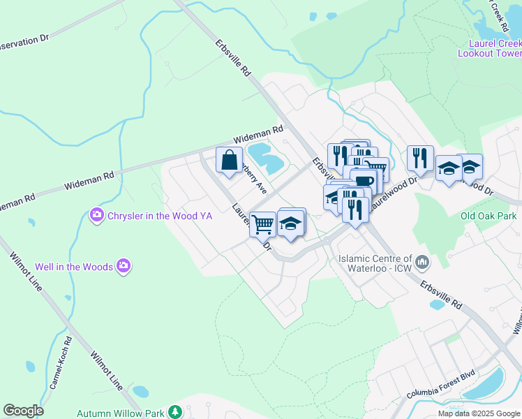 map of restaurants, bars, coffee shops, grocery stores, and more near 983 Creekside Drive in Waterloo