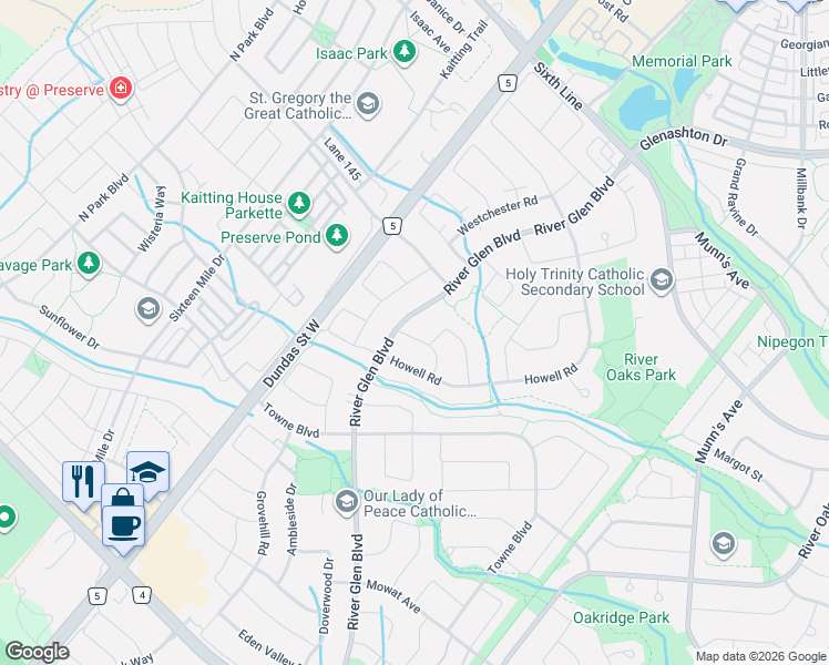 map of restaurants, bars, coffee shops, grocery stores, and more near 2447 New Wood Drive in Oakville