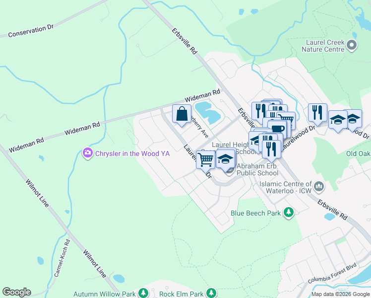 map of restaurants, bars, coffee shops, grocery stores, and more near 539 Woolgrass Avenue in Waterloo