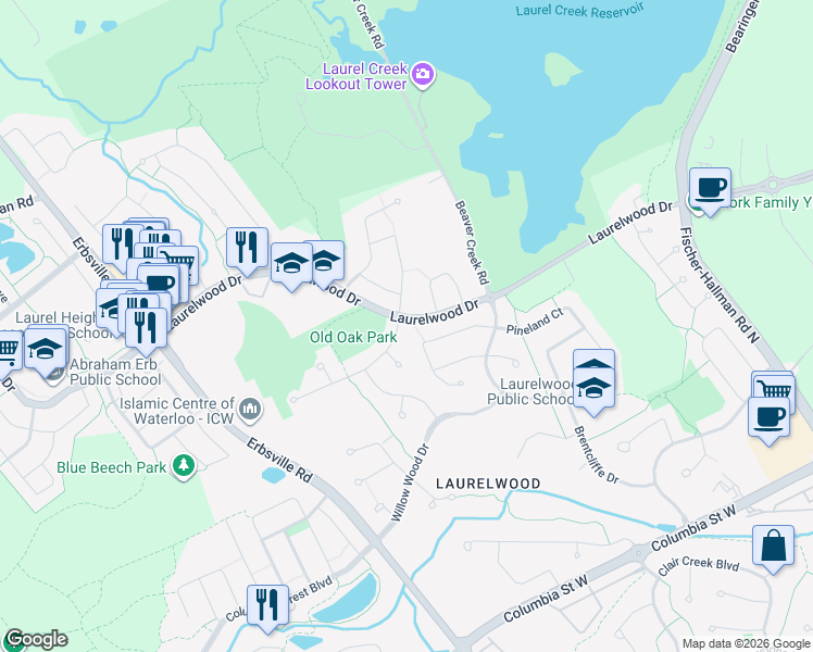 map of restaurants, bars, coffee shops, grocery stores, and more near 400 Old Oak Drive in Waterloo