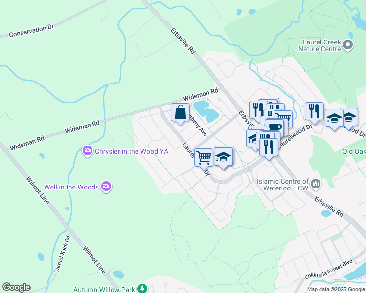 map of restaurants, bars, coffee shops, grocery stores, and more near 539 Woolgrass Avenue in Waterloo