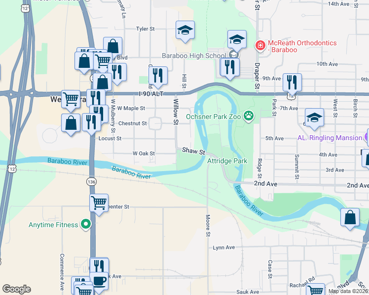map of restaurants, bars, coffee shops, grocery stores, and more near 150 Shaw Street in Baraboo