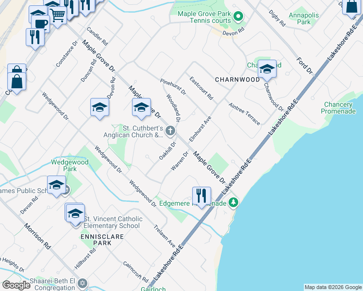 map of restaurants, bars, coffee shops, grocery stores, and more near 204 Maple Grove Drive in Oakville