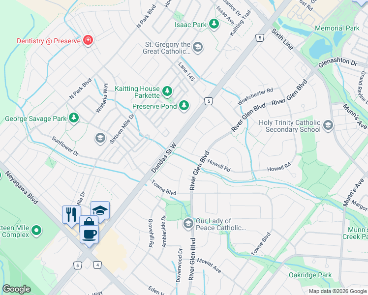 map of restaurants, bars, coffee shops, grocery stores, and more near 2609 Ironwood Crescent in Oakville