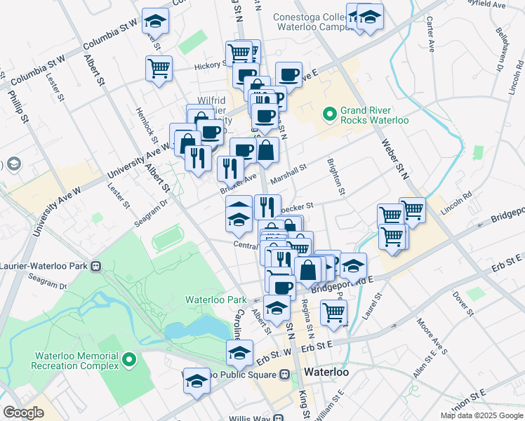 map of restaurants, bars, coffee shops, grocery stores, and more near 155 King Street North in Waterloo